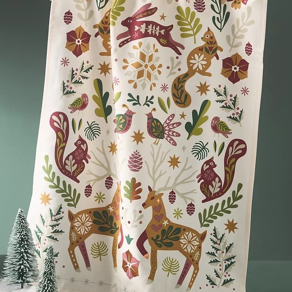NWT Anthropologie Forest Folk Christmas Dish Towel